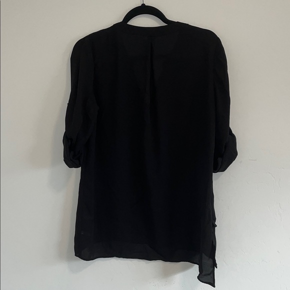 New York & Company Black Asymmetric V-Neck Tunic with Roll-Tab Sleeves - Picture 5 of 5